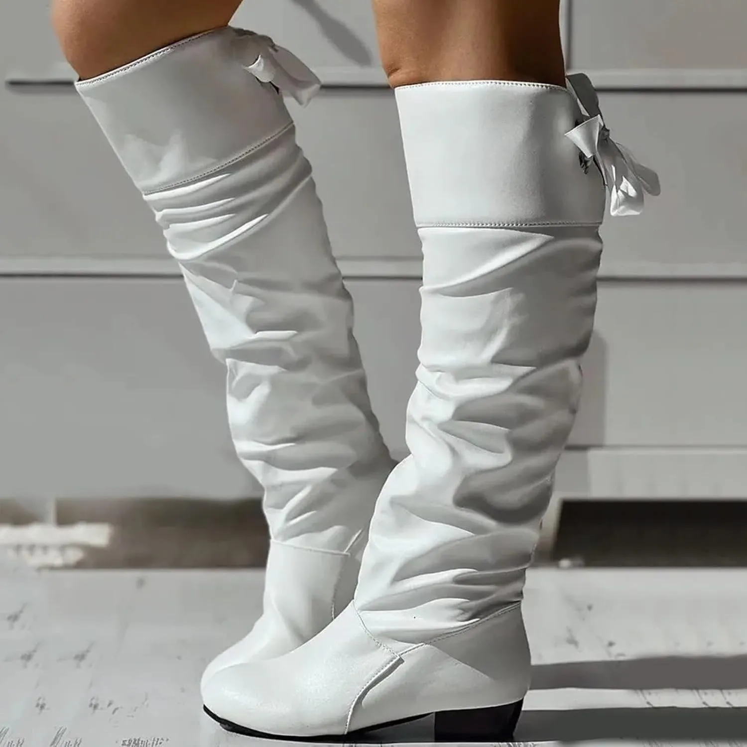 Womens Knee High Boots Wide Calf,Casual Pull On Tall Boots with Zip Slouchy Strap Riding Boots Leather Low Heel Boots