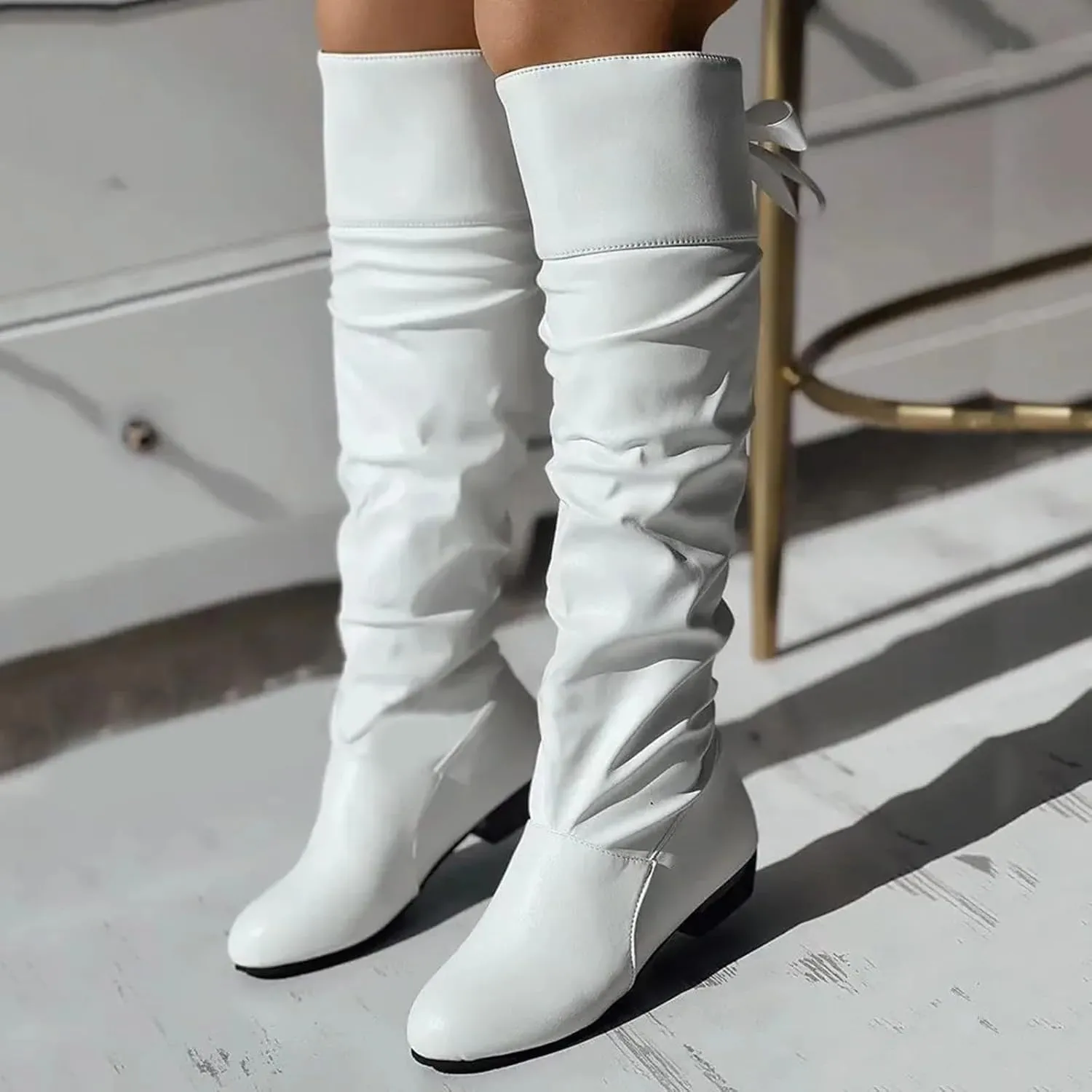 Womens Knee High Boots Wide Calf,Casual Pull On Tall Boots with Zip Slouchy Strap Riding Boots Leather Low Heel Boots