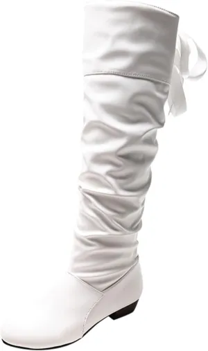 Womens Knee High Boots Wide Calf,Casual Pull On Tall Boots with Zip Slouchy Strap Riding Boots Leather Low Heel Boots