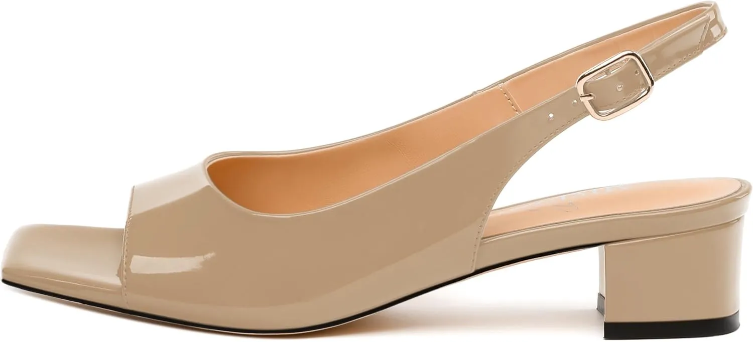 Womens Low Heel Slingbacks, Square Peep Toe Block Heel Sandals for Women, Comfort Heeled Casual Shoes