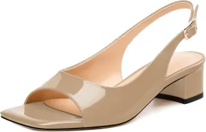 Womens Low Heel Slingbacks, Square Peep Toe Block Heel Sandals for Women, Comfort Heeled Casual Shoes