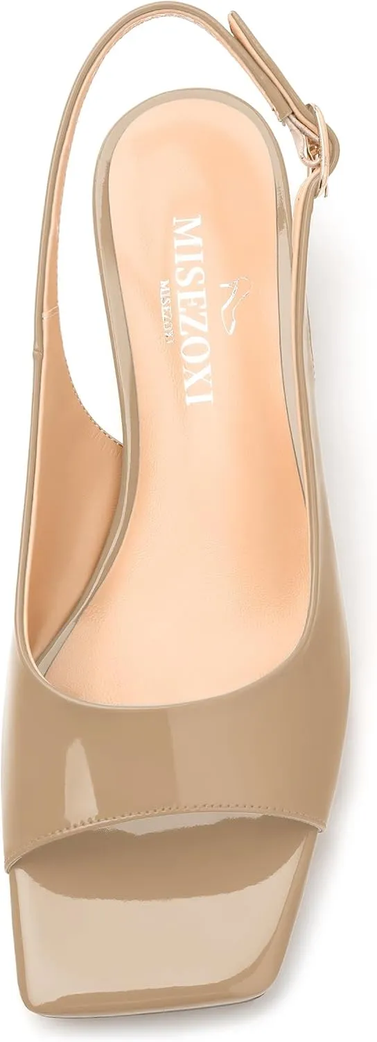 Womens Low Heel Slingbacks, Square Peep Toe Block Heel Sandals for Women, Comfort Heeled Casual Shoes