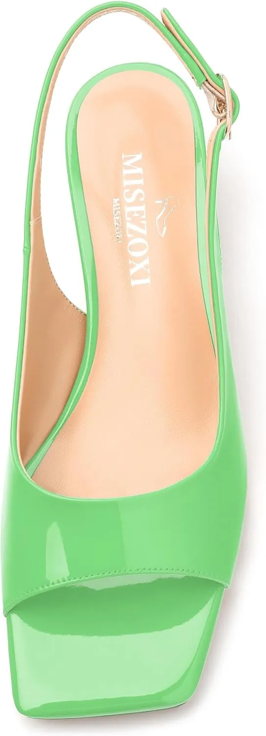 Womens Low Heel Slingbacks, Square Peep Toe Block Heel Sandals for Women, Comfort Heeled Casual Shoes