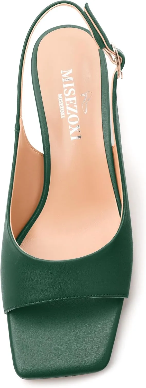 Womens Low Heel Slingbacks, Square Peep Toe Block Heel Sandals for Women, Comfort Heeled Casual Shoes