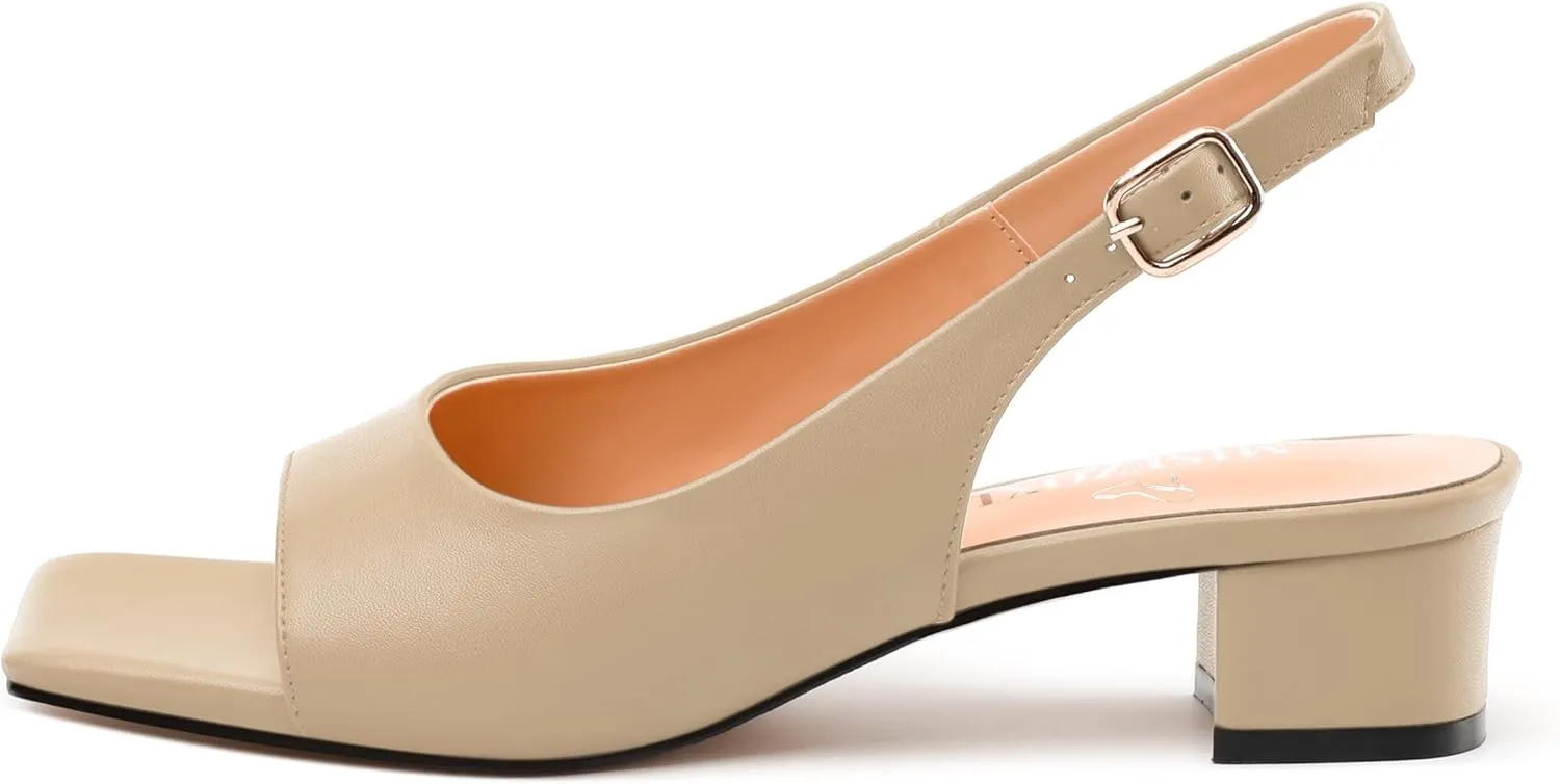 Womens Low Heel Slingbacks, Square Peep Toe Block Heel Sandals for Women, Comfort Heeled Casual Shoes