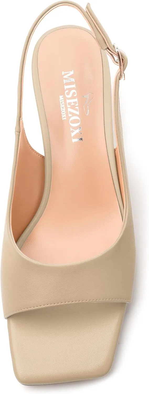 Womens Low Heel Slingbacks, Square Peep Toe Block Heel Sandals for Women, Comfort Heeled Casual Shoes