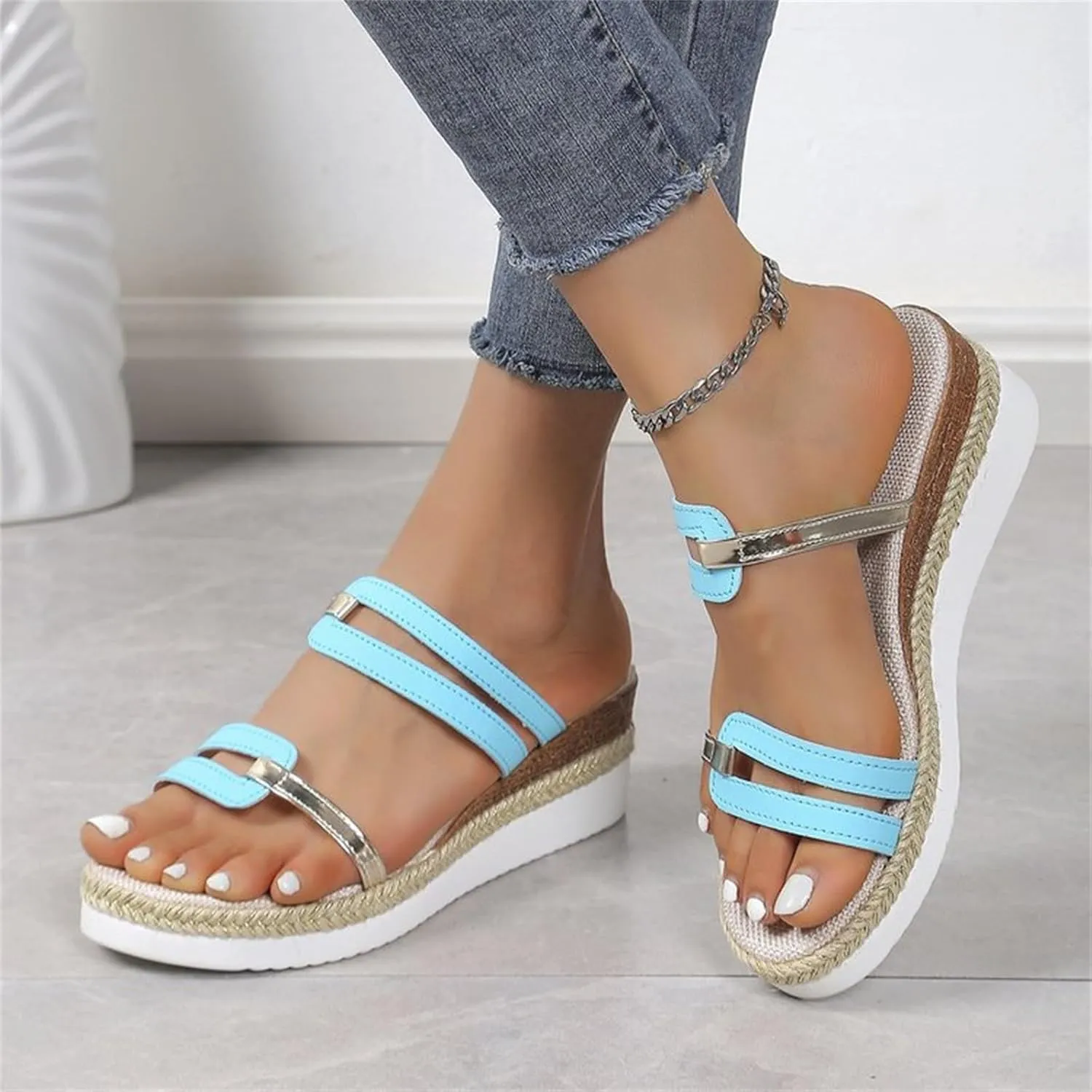 Womens Low Wedge Sandals Trendy Strappy Slip On Dressy Platform Slippers Open Toe Strappy Espadrille Wedges Shoes