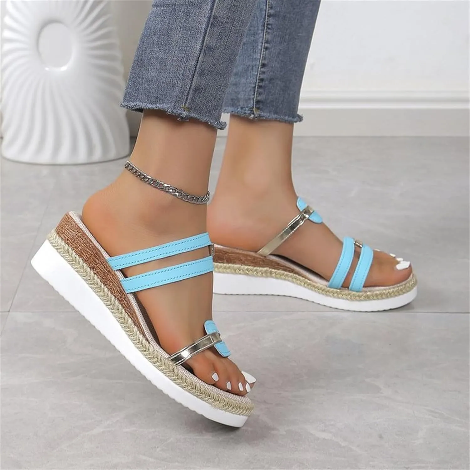 Womens Low Wedge Sandals Trendy Strappy Slip On Dressy Platform Slippers Open Toe Strappy Espadrille Wedges Shoes