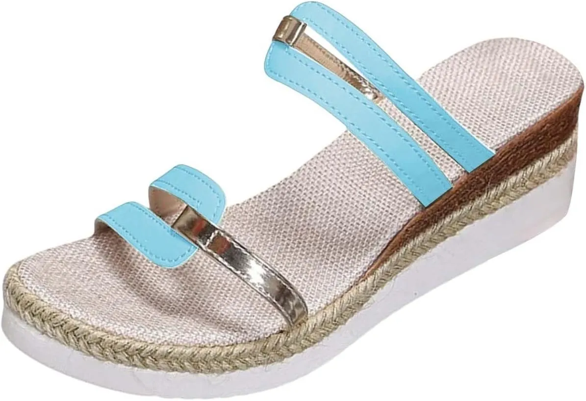 Womens Low Wedge Sandals Trendy Strappy Slip On Dressy Platform Slippers Open Toe Strappy Espadrille Wedges Shoes