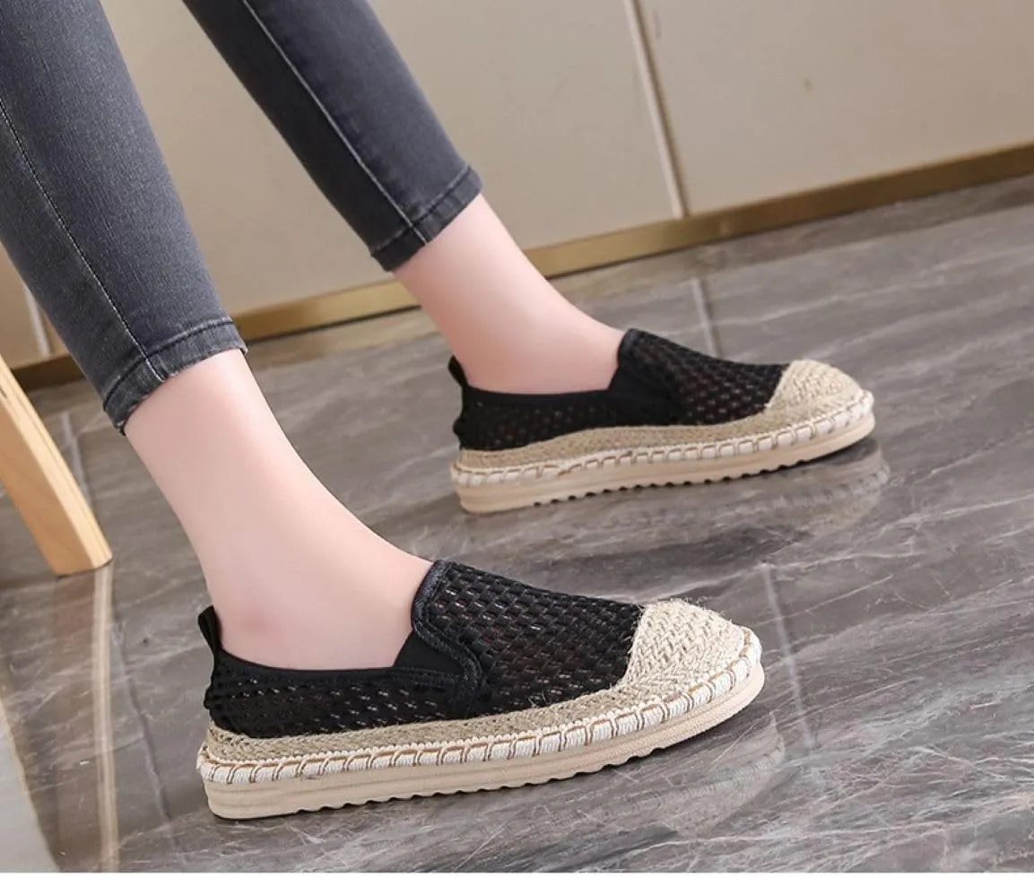 Women's Mary Jane Espadrilles Flats Closed Round Toe, Woven Mesh Ballet Flats Knot Comfortable Dress Loafers Shoes