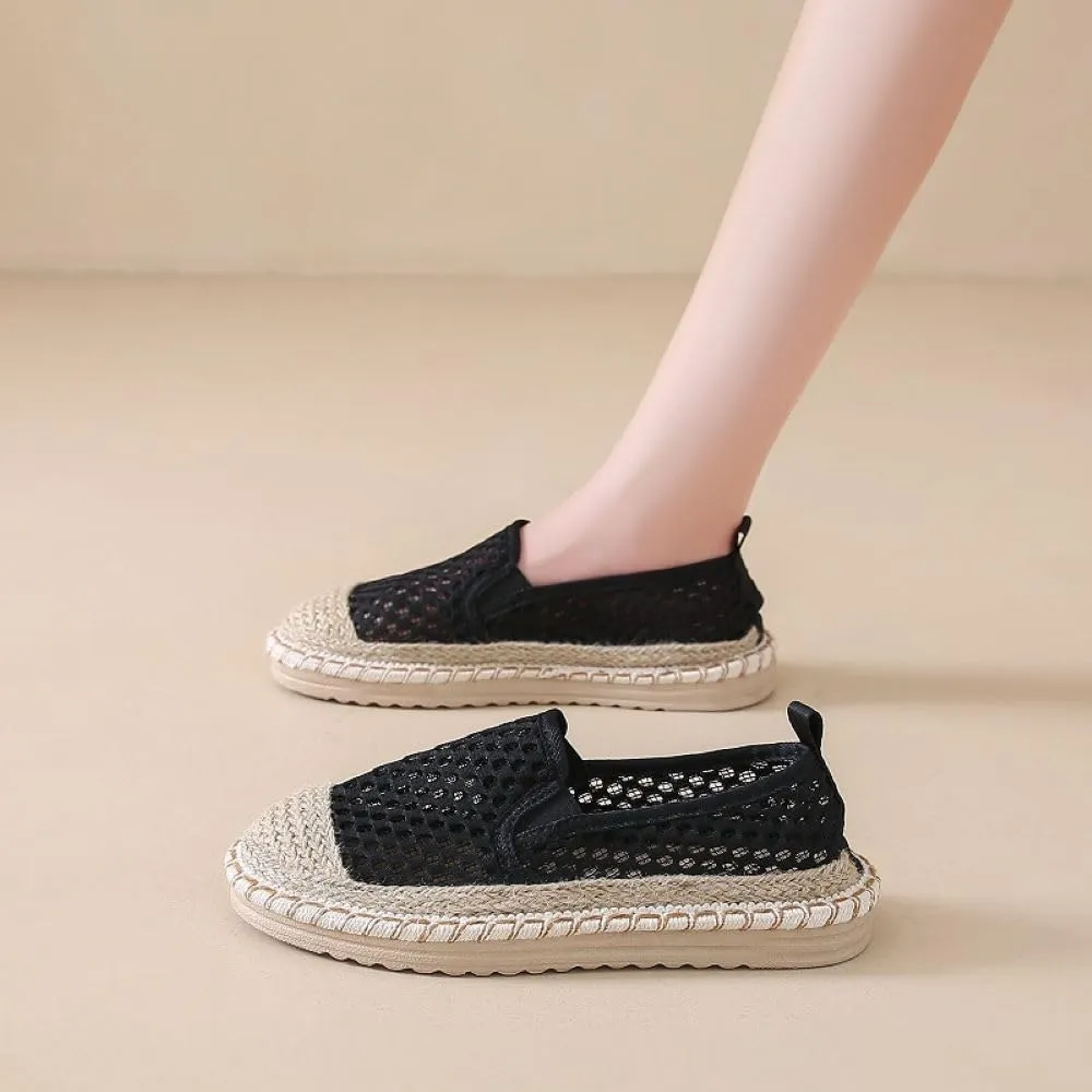 Women's Mary Jane Espadrilles Flats Closed Round Toe, Woven Mesh Ballet Flats Knot Comfortable Dress Loafers Shoes