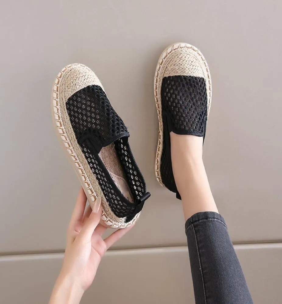 Women's Mary Jane Espadrilles Flats Closed Round Toe, Woven Mesh Ballet Flats Knot Comfortable Dress Loafers Shoes