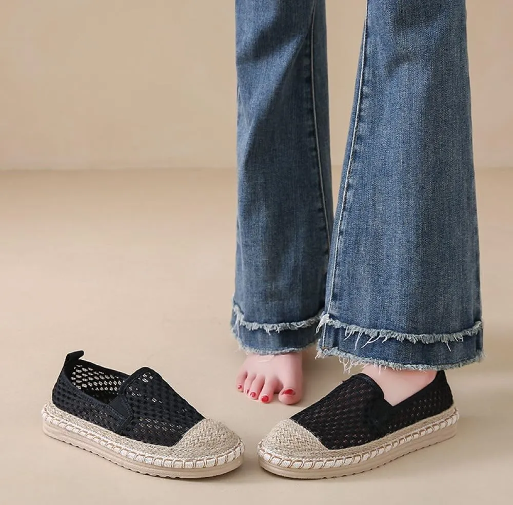 Women's Mary Jane Espadrilles Flats Closed Round Toe, Woven Mesh Ballet Flats Knot Comfortable Dress Loafers Shoes