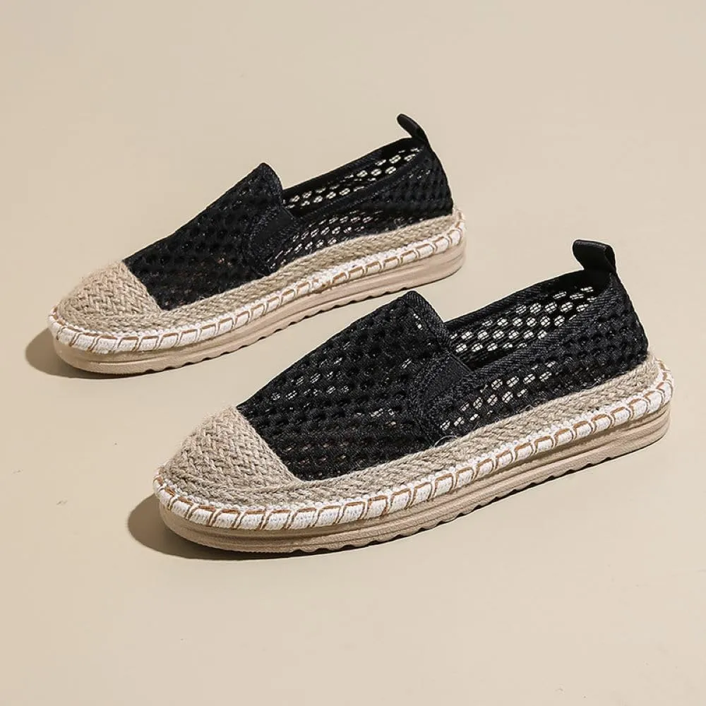Women's Mary Jane Espadrilles Flats Closed Round Toe, Woven Mesh Ballet Flats Knot Comfortable Dress Loafers Shoes