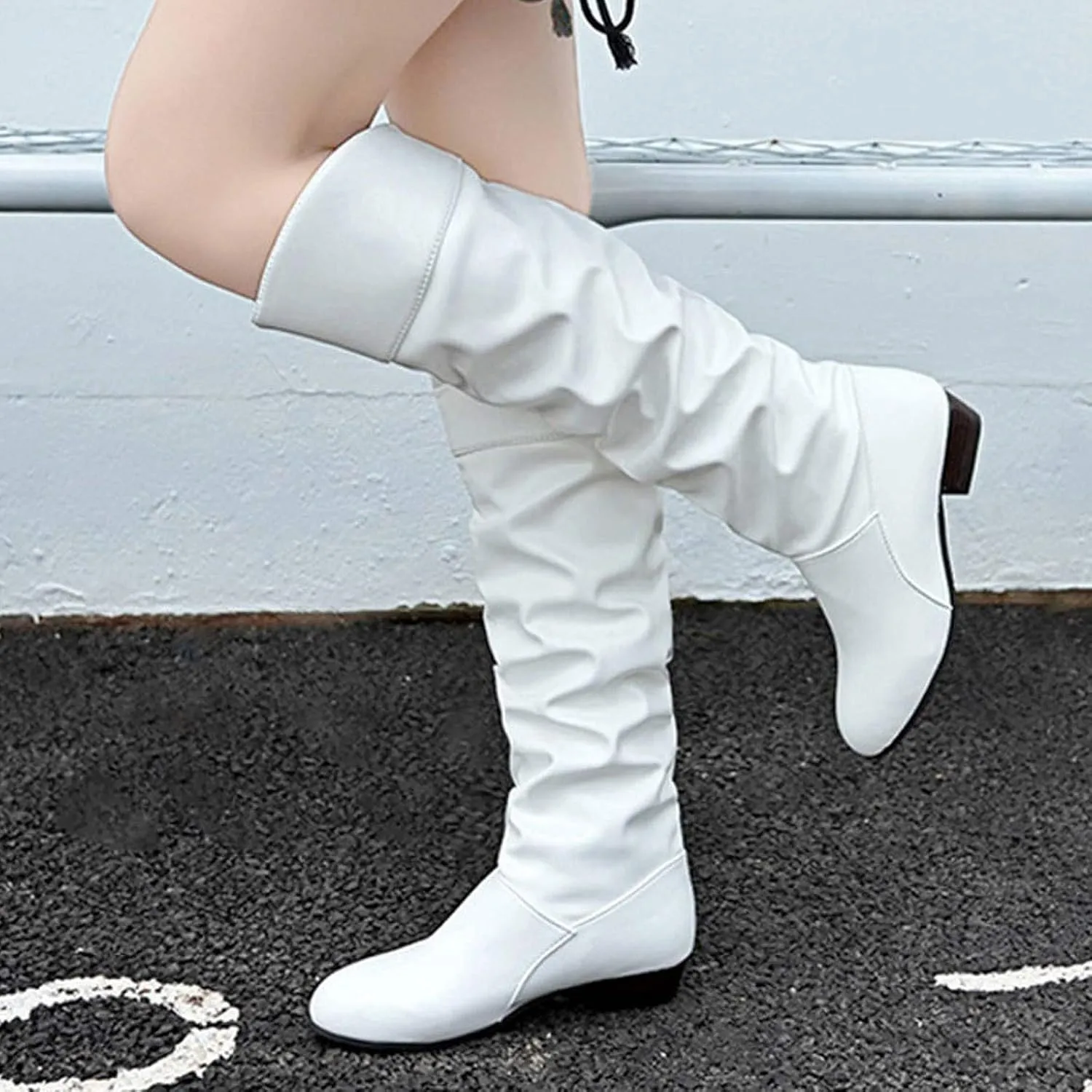 Women's Mid Calf Dress Boots Color Toe Women Boots Knee-High Solid Round Boots Slip-On Shoes Elastic Leather Booties