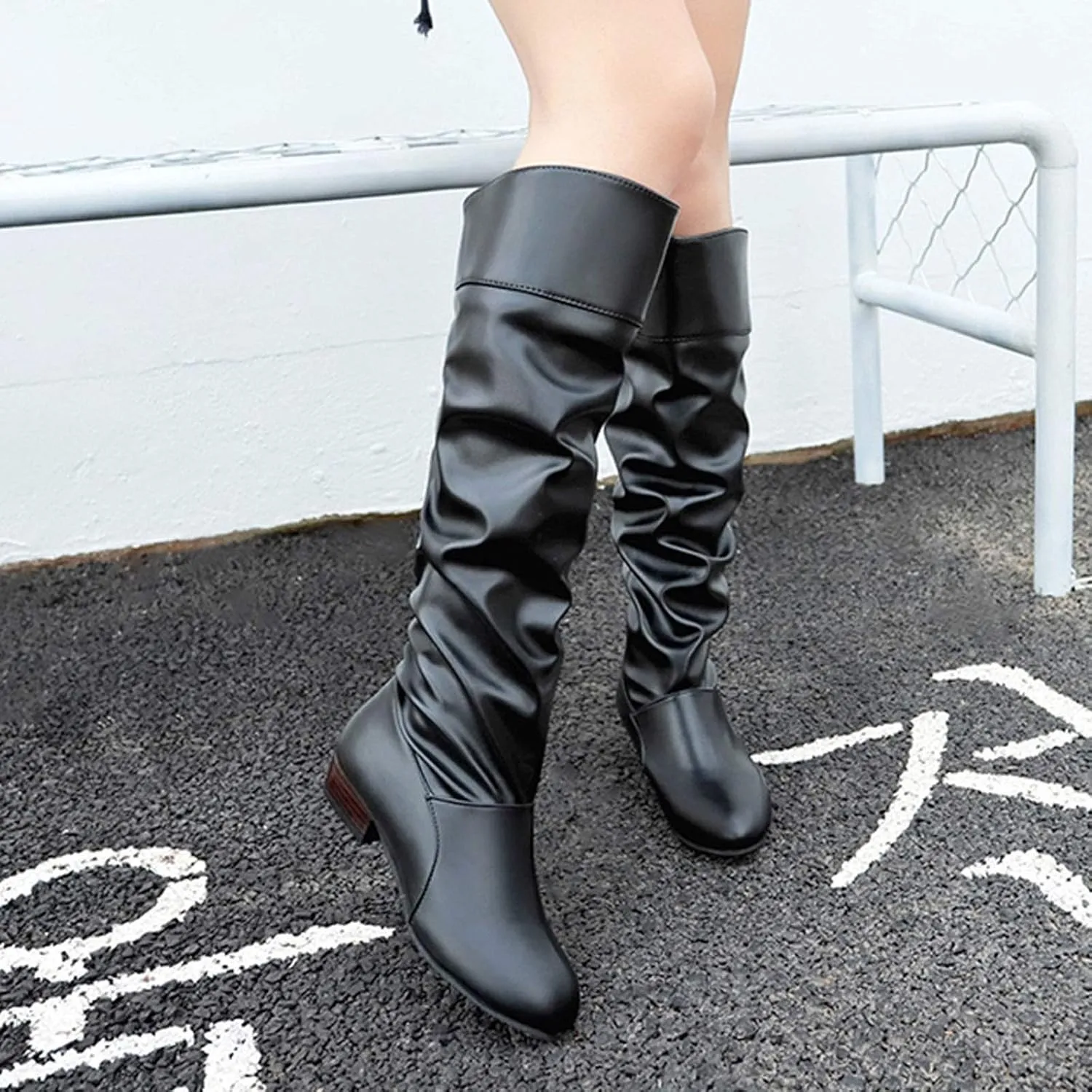 Women's Mid Calf Dress Boots Color Toe Women Boots Knee-High Solid Round Boots Slip-On Shoes Elastic Leather Booties