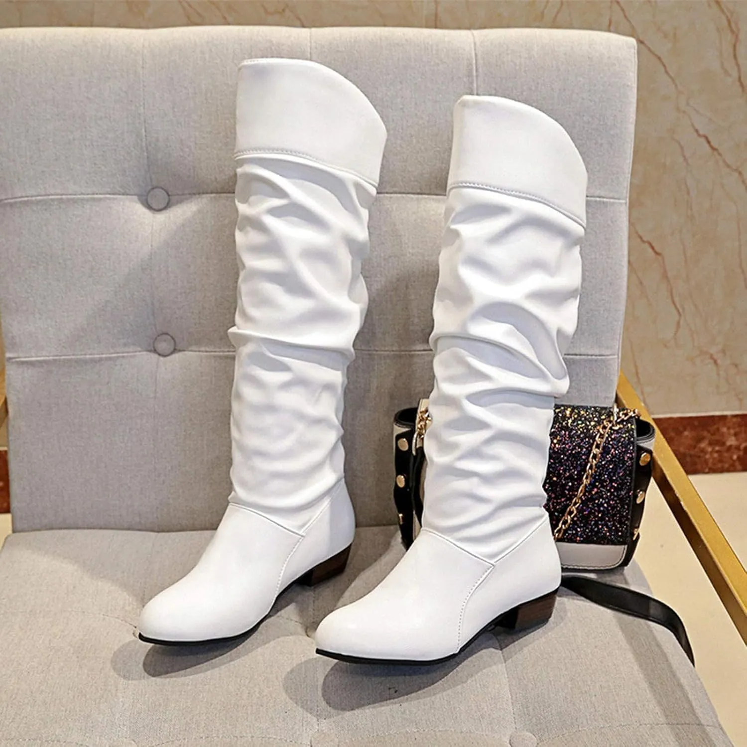Women's Mid Calf Dress Boots Color Toe Women Boots Knee-High Solid Round Boots Slip-On Shoes Elastic Leather Booties