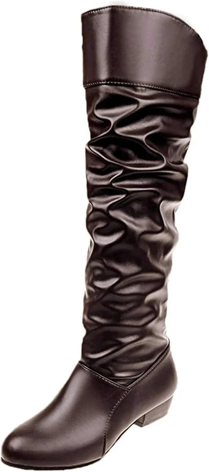 Women's Mid Calf Dress Boots Color Toe Women Boots Knee-High Solid Round Boots Slip-On Shoes Elastic Leather Booties