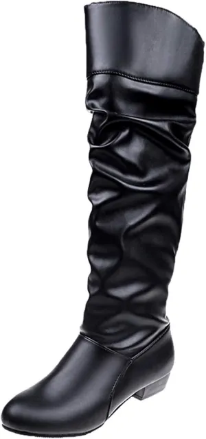Women's Mid Calf Dress Boots Color Toe Women Boots Knee-High Solid Round Boots Slip-On Shoes Elastic Leather Booties