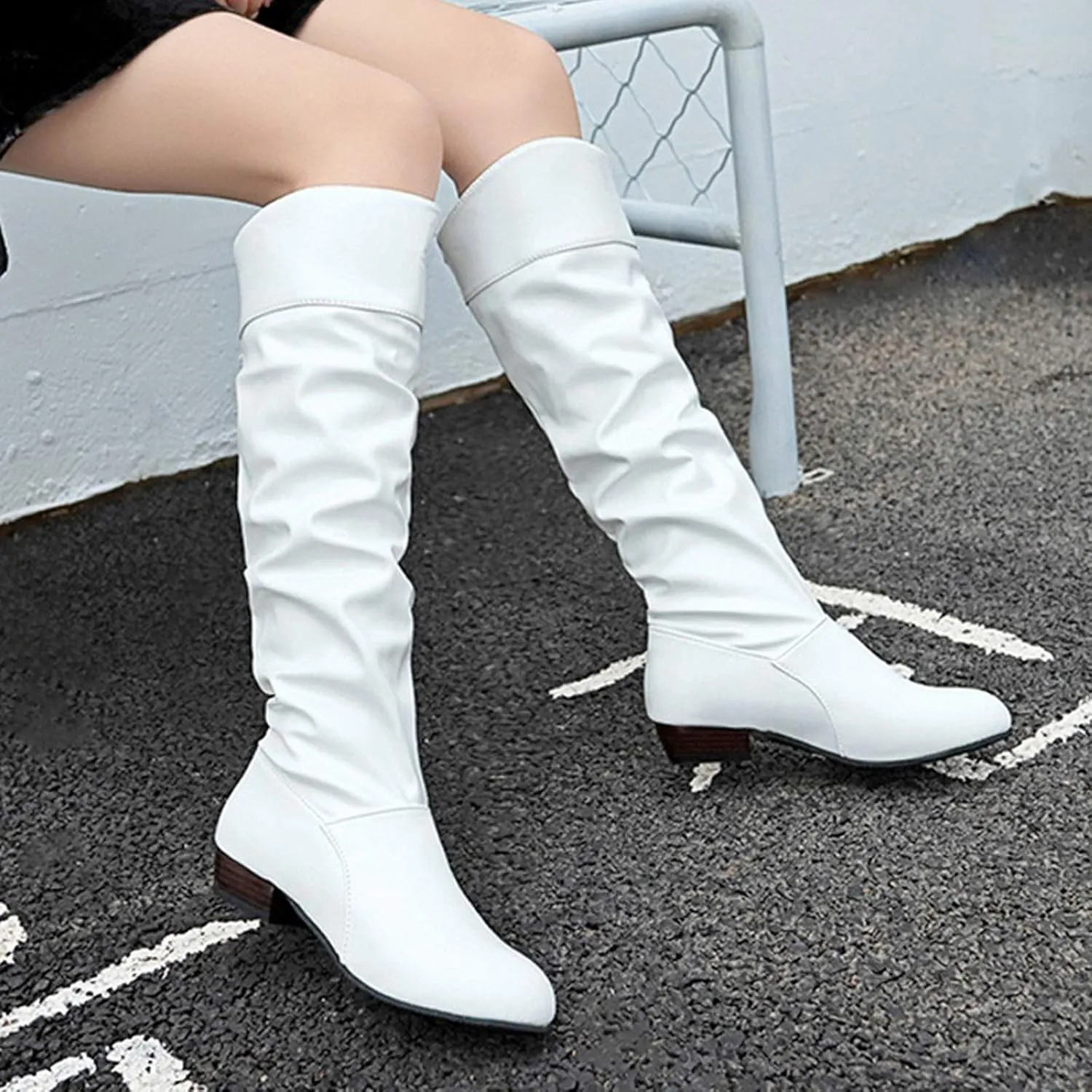 Women's Mid Calf Dress Boots Color Toe Women Boots Knee-High Solid Round Boots Slip-On Shoes Elastic Leather Booties