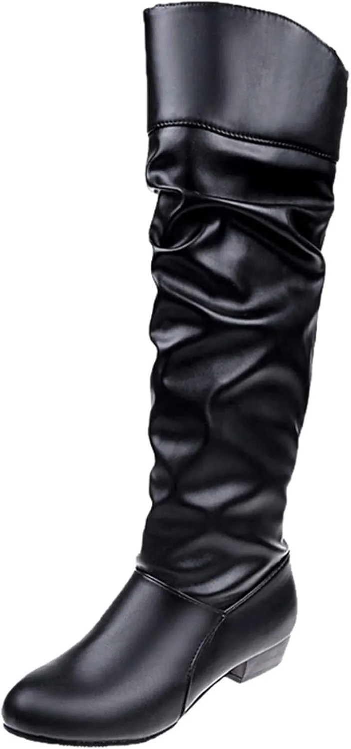 Women's Mid Calf Dress Boots Color Toe Women Boots Knee-High Solid Round Boots Slip-On Shoes Elastic Leather Booties