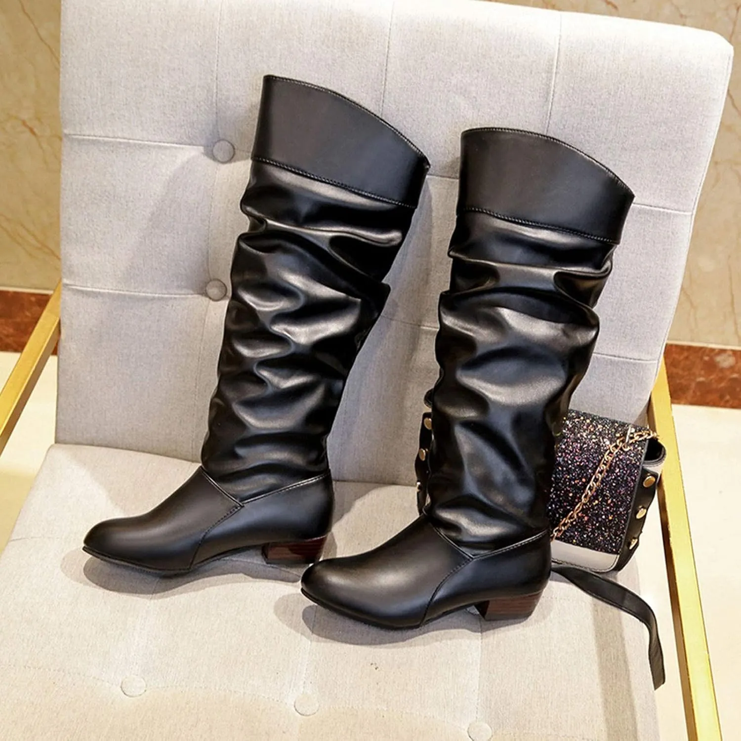 Women's Mid Calf Dress Boots Color Toe Women Boots Knee-High Solid Round Boots Slip-On Shoes Elastic Leather Booties