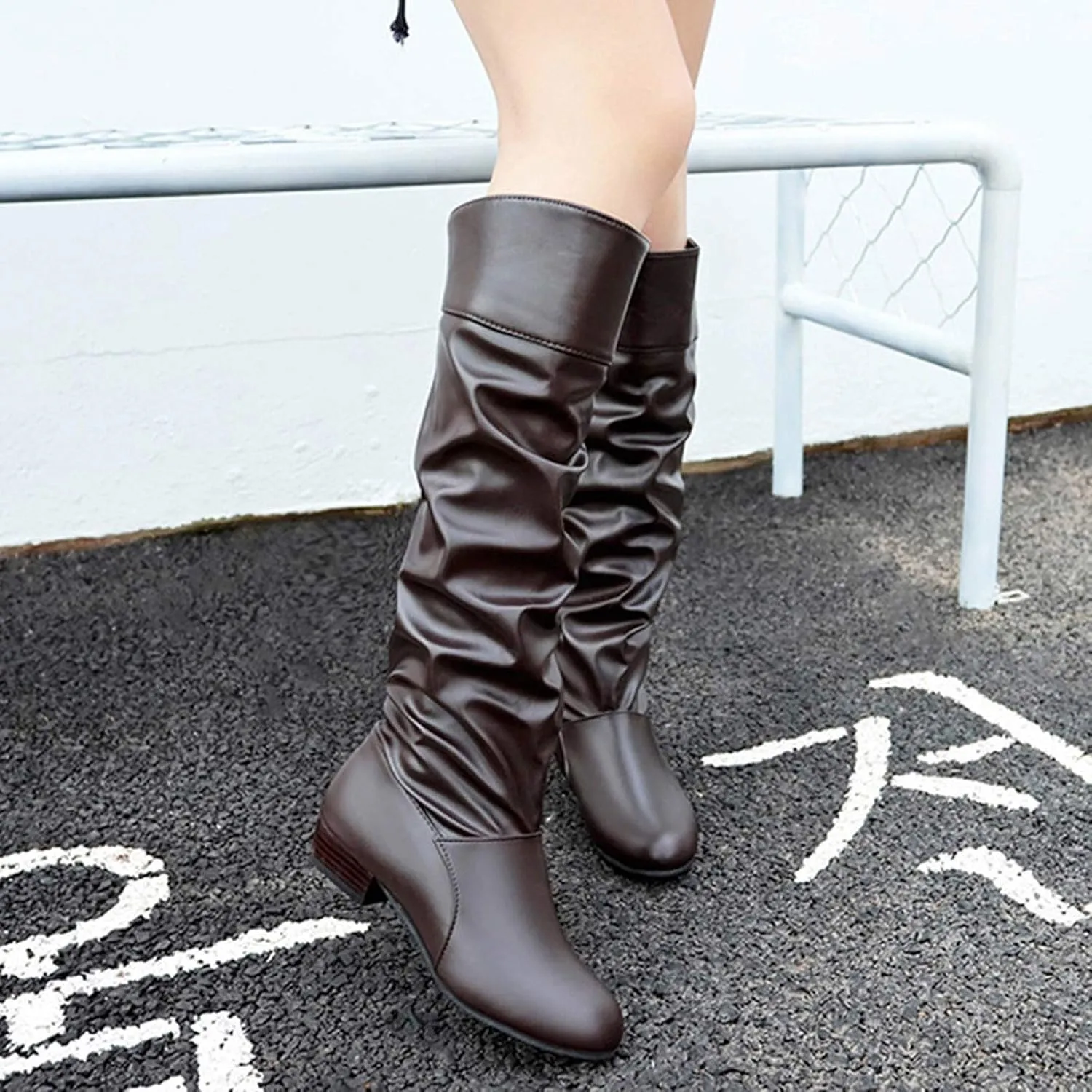 Women's Mid Calf Dress Boots Color Toe Women Boots Knee-High Solid Round Boots Slip-On Shoes Elastic Leather Booties