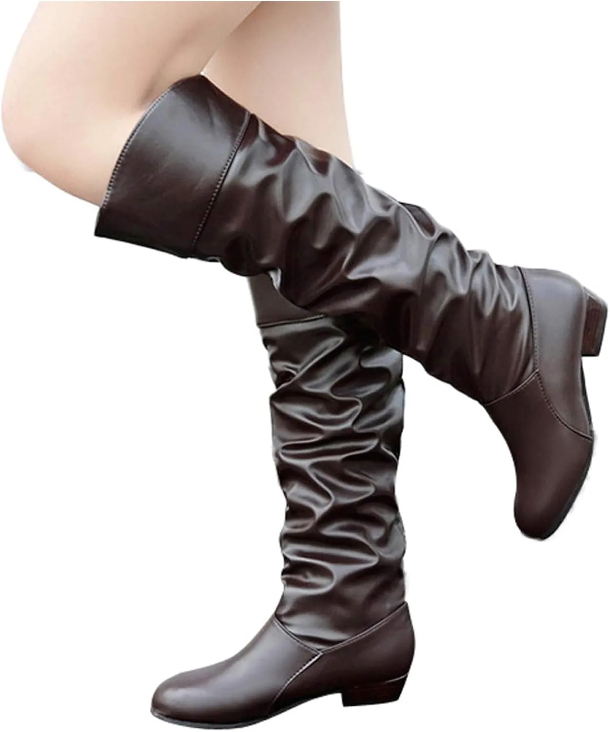 Women's Mid Calf Dress Boots Color Toe Women Boots Knee-High Solid Round Boots Slip-On Shoes Elastic Leather Booties