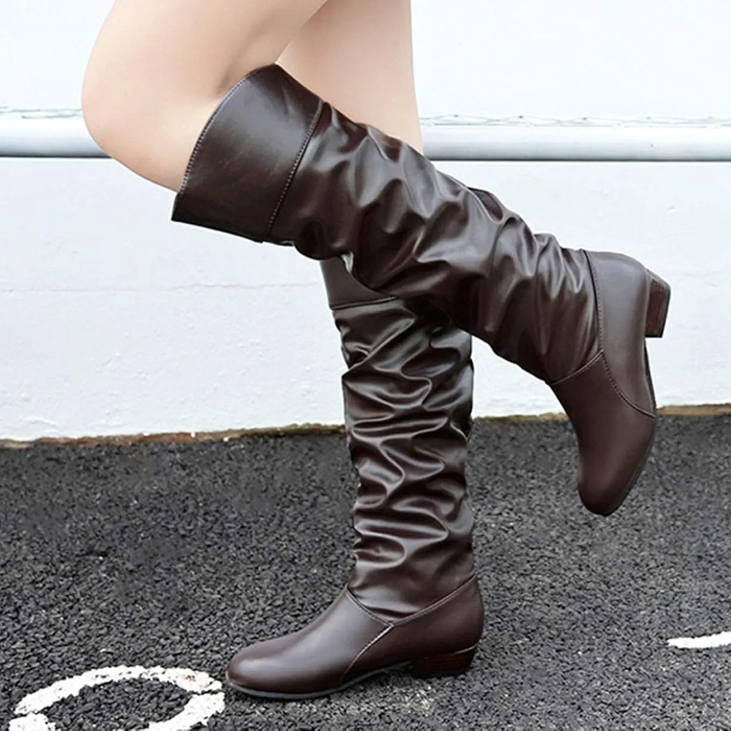 Women's Mid Calf Dress Boots Color Toe Women Boots Knee-High Solid Round Boots Slip-On Shoes Elastic Leather Booties