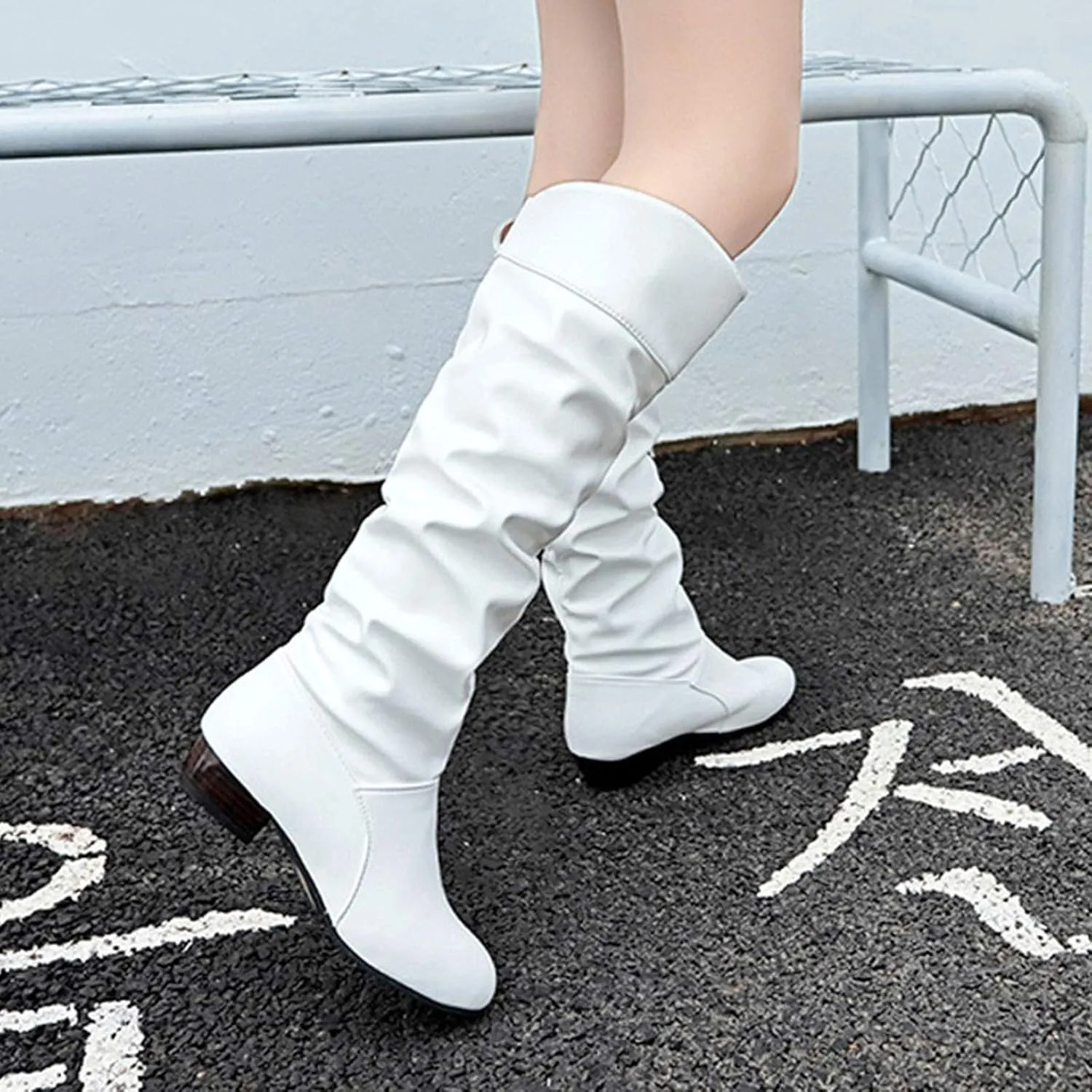 Women's Mid Calf Dress Boots Color Toe Women Boots Knee-High Solid Round Boots Slip-On Shoes Elastic Leather Booties