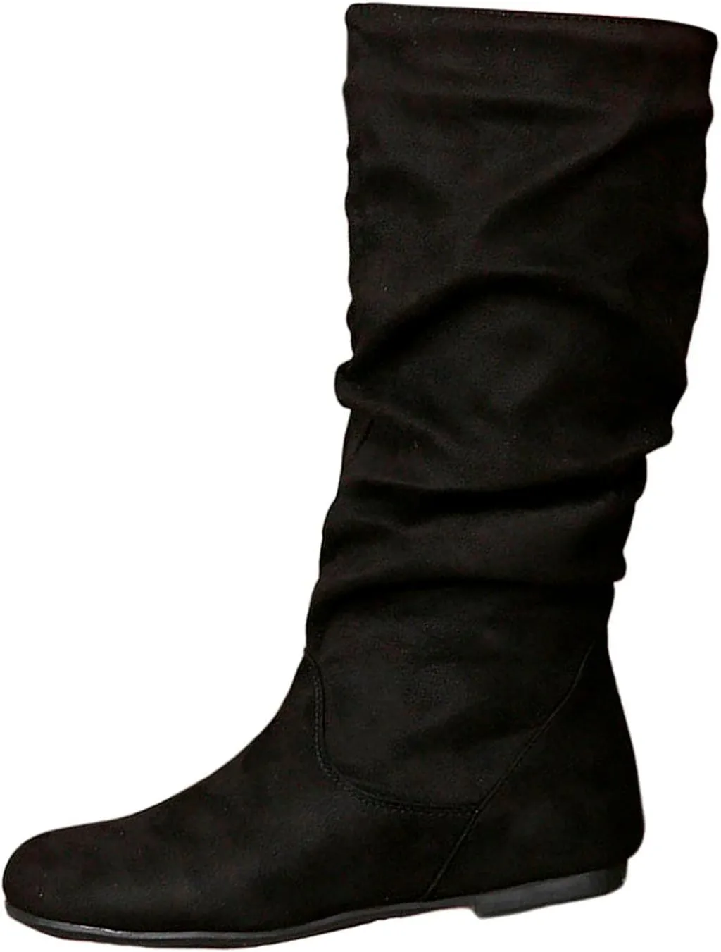 Women's Mid Calf Dress Boots Ladies Fashion Solid Color Suede Pleated Pile Boots British Style Flat with Pull-Up Tabs