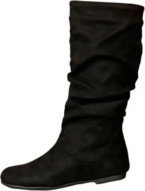 Women's Mid Calf Dress Boots Ladies Fashion Solid Color Suede Pleated Pile Boots British Style Flat with Pull-Up Tabs