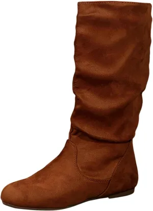 Women's Mid Calf Dress Boots Ladies Fashion Solid Color Suede Pleated Pile Boots British Style Flat with Pull-Up Tabs