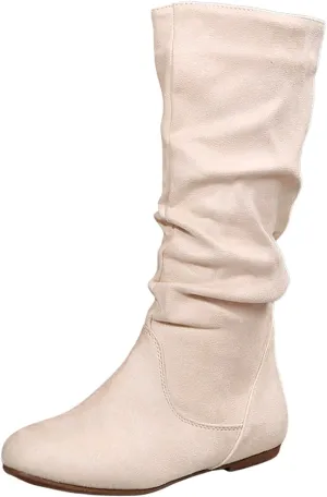 Women's Mid Calf Dress Boots Ladies Fashion Solid Color Suede Pleated Pile Boots British Style Flat with Pull-Up Tabs