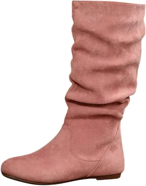 Women's Mid Calf Dress Boots Ladies Fashion Solid Color Suede Pleated Pile Boots British Style Flat with Pull-Up Tabs