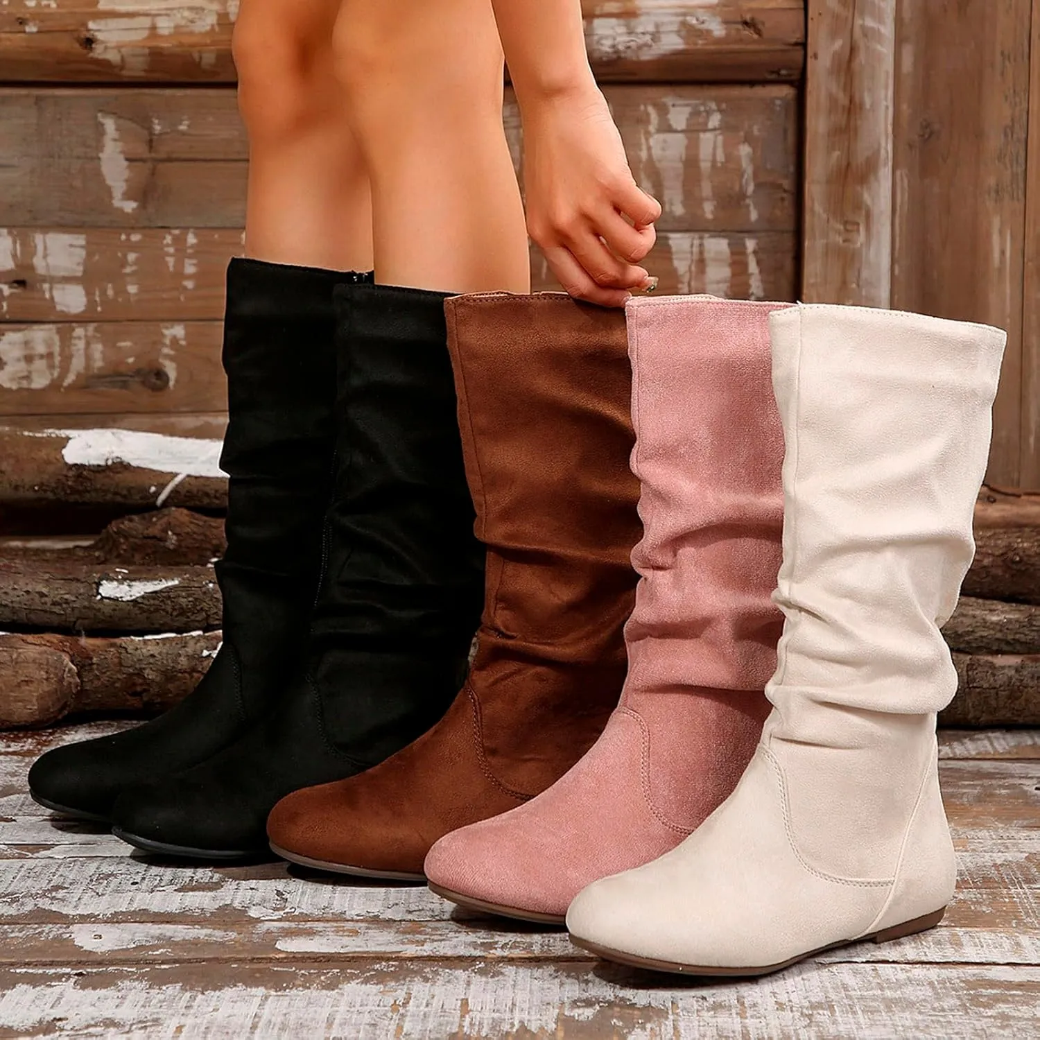 Women's Mid Calf Dress Boots Ladies Fashion Solid Color Suede Pleated Pile Boots British Style Flat with Pull-Up Tabs