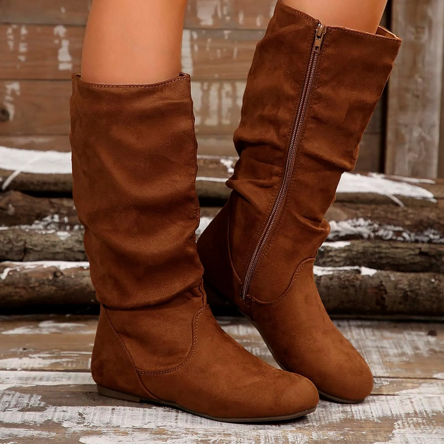 Women's Mid Calf Dress Boots Ladies Fashion Solid Color Suede Pleated Pile Boots British Style Flat with Pull-Up Tabs