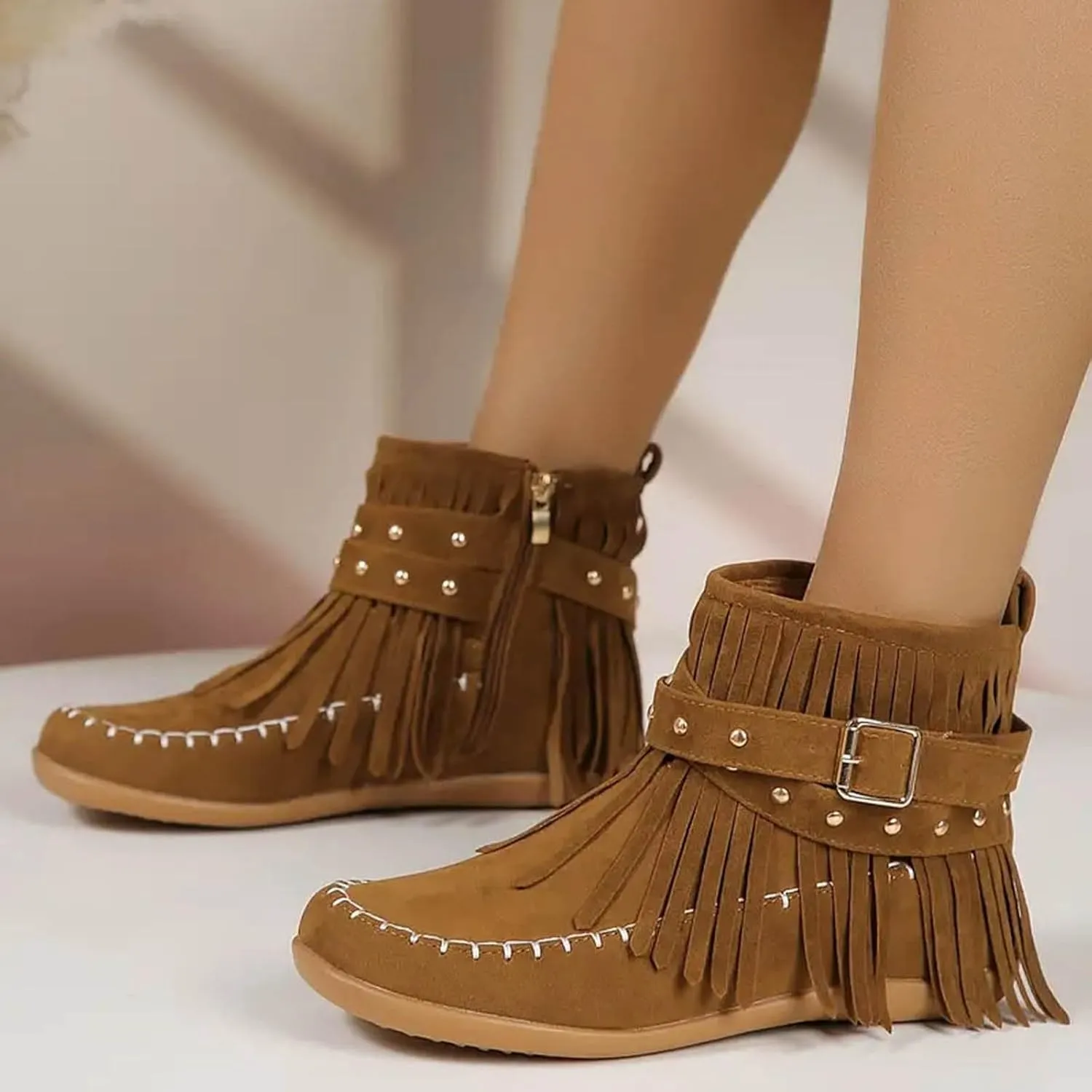 Womens Moccasins Fringe Ankle Boots Vintage Buckle Strap Suede Boots Casual Flat Heel Fall Boots Western Dress Boots