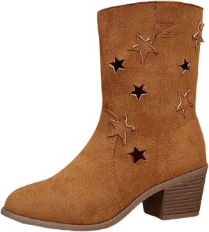 Womens Modern Western Cowboy Distressed Boot with Chunky Heels Wide Mid Calf Pointed Toe Fashion Solid Boots