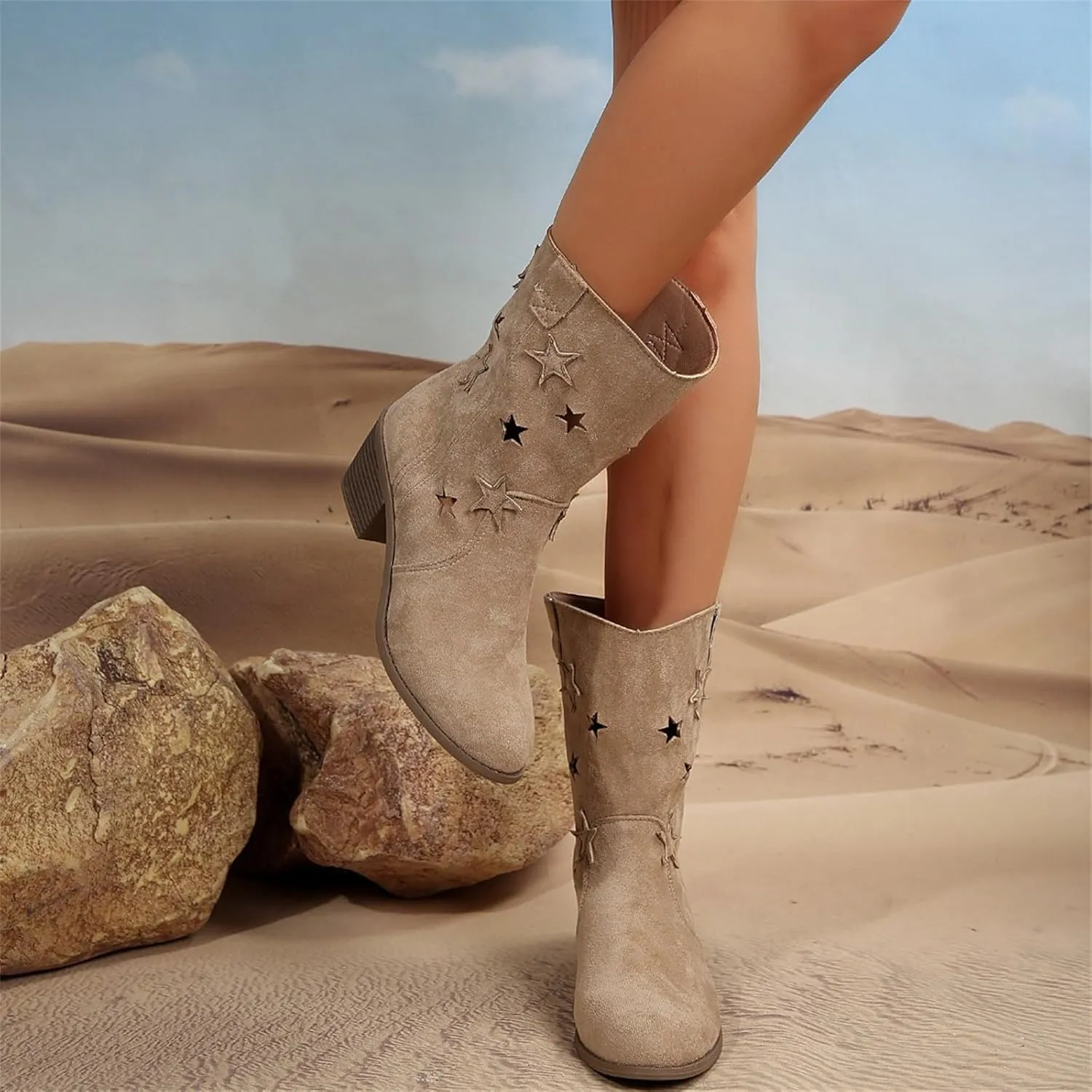 Womens Modern Western Cowboy Distressed Boot with Chunky Heels Wide Mid Calf Pointed Toe Fashion Solid Boots