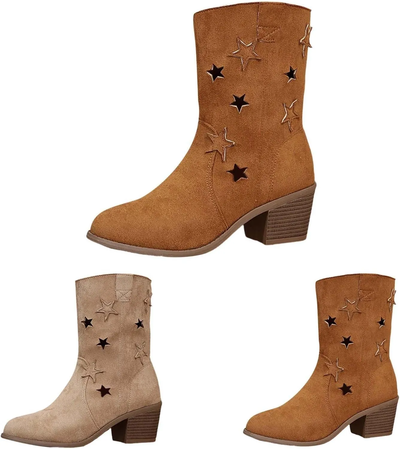 Womens Modern Western Cowboy Distressed Boot with Chunky Heels Wide Mid Calf Pointed Toe Fashion Solid Boots