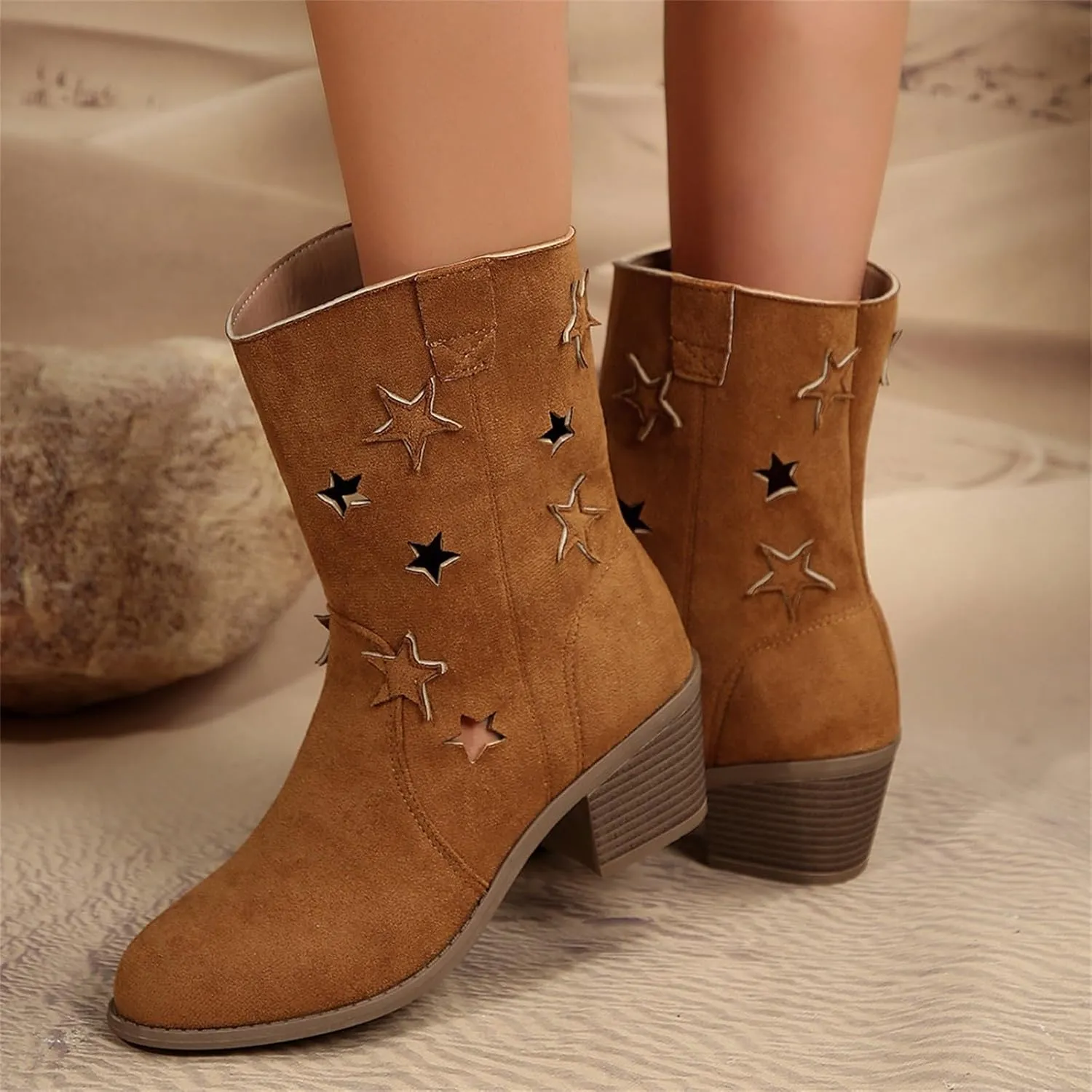 Womens Modern Western Cowboy Distressed Boot with Chunky Heels Wide Mid Calf Pointed Toe Fashion Solid Boots