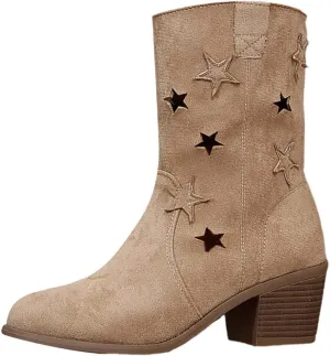 Womens Modern Western Cowboy Distressed Boot with Chunky Heels Wide Mid Calf Pointed Toe Fashion Solid Boots