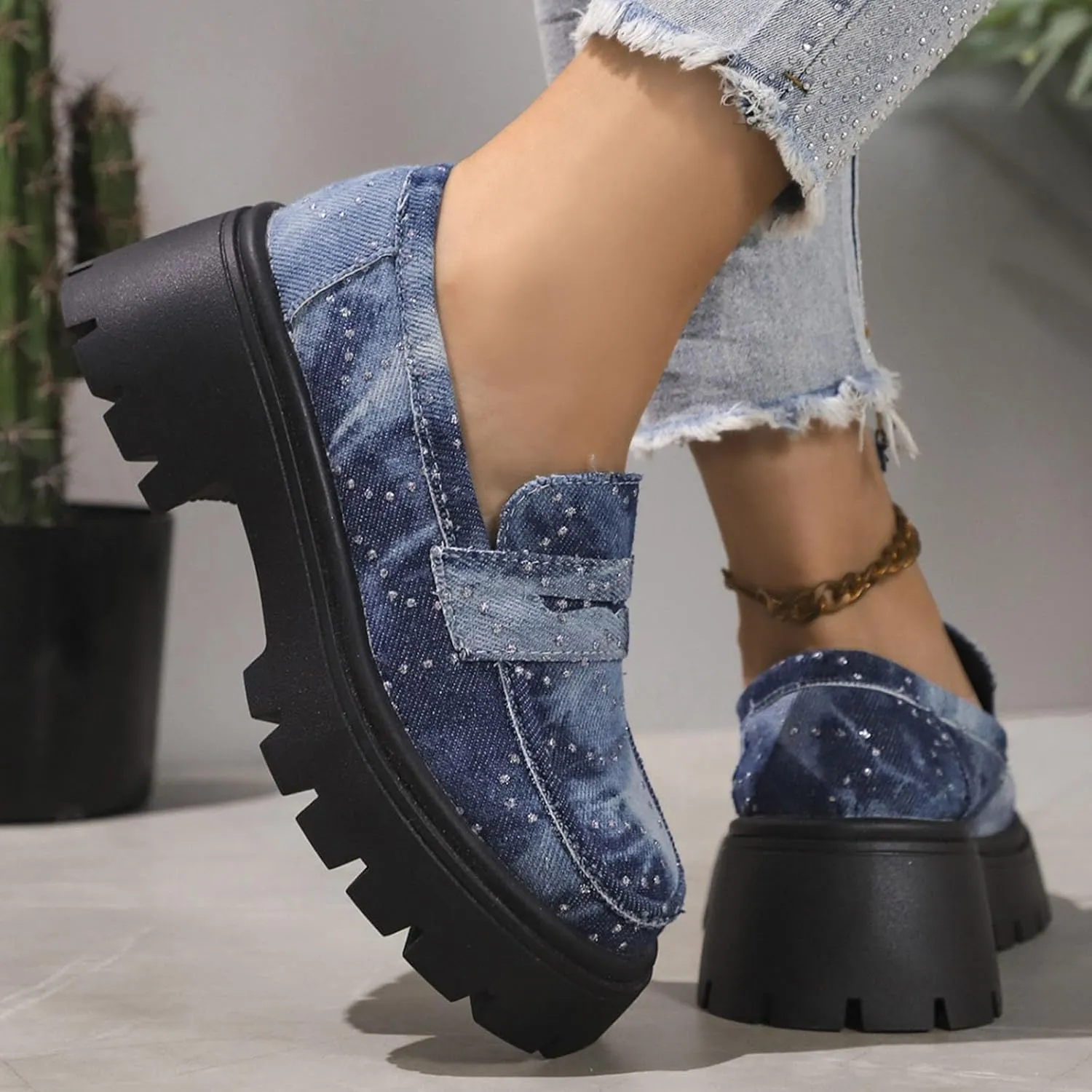 Womens Penny Loafers Wide Width,Fashion Denim Casual Shoes Platform Chunky Loafers Shoes Slip On Dress Shoes for Work