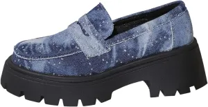 Womens Penny Loafers Wide Width,Fashion Denim Casual Shoes Platform Chunky Loafers Shoes Slip On Dress Shoes for Work
