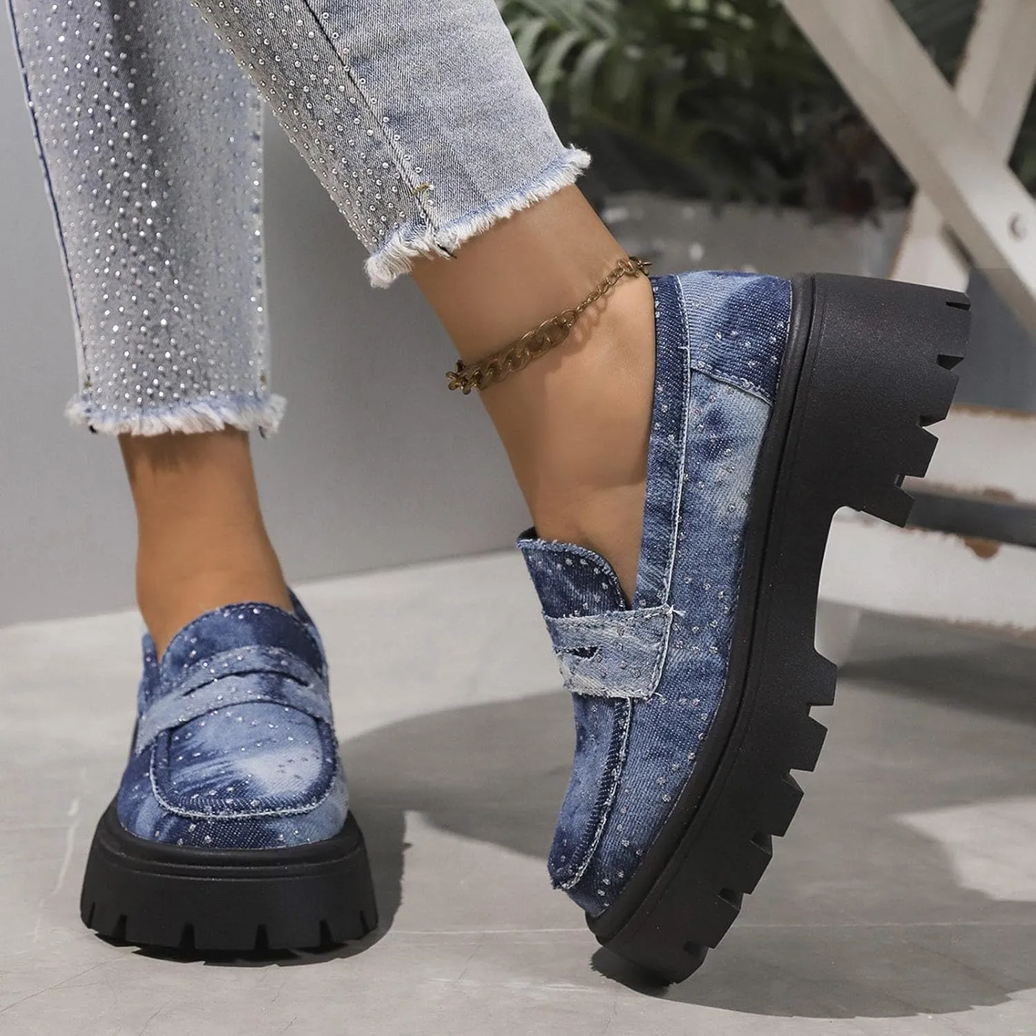 Womens Penny Loafers Wide Width,Fashion Denim Casual Shoes Platform Chunky Loafers Shoes Slip On Dress Shoes for Work