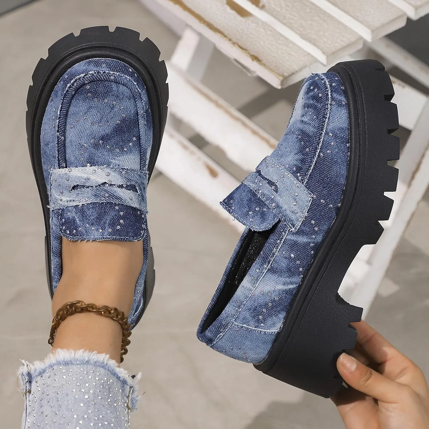 Womens Penny Loafers Wide Width,Fashion Denim Casual Shoes Platform Chunky Loafers Shoes Slip On Dress Shoes for Work