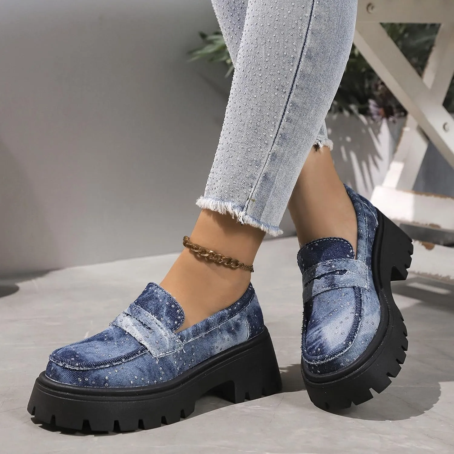 Womens Penny Loafers Wide Width,Fashion Denim Casual Shoes Platform Chunky Loafers Shoes Slip On Dress Shoes for Work