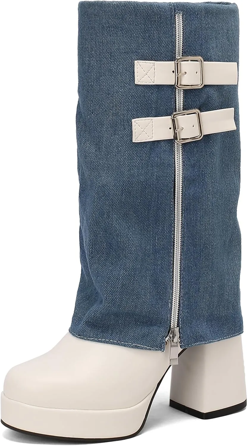 Womens Platform Fold Over Mid Calf Boots Ladies Chunky Block Heel Boots Fashion Side Zipper Round Toe Heeled Booties