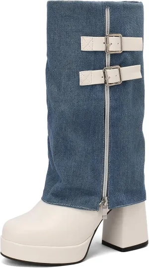 Womens Platform Fold Over Mid Calf Boots Ladies Chunky Block Heel Boots Fashion Side Zipper Round Toe Heeled Booties